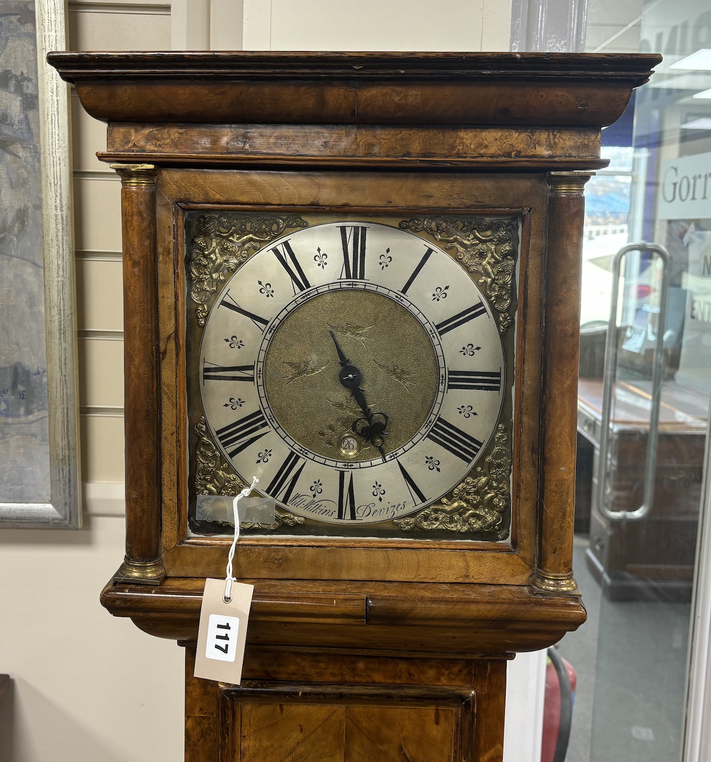 William Wilkins, Devizes. An 18th century 10 inch thirty hour longcase clock dial with date aperture, later figured walnut case height 175cm